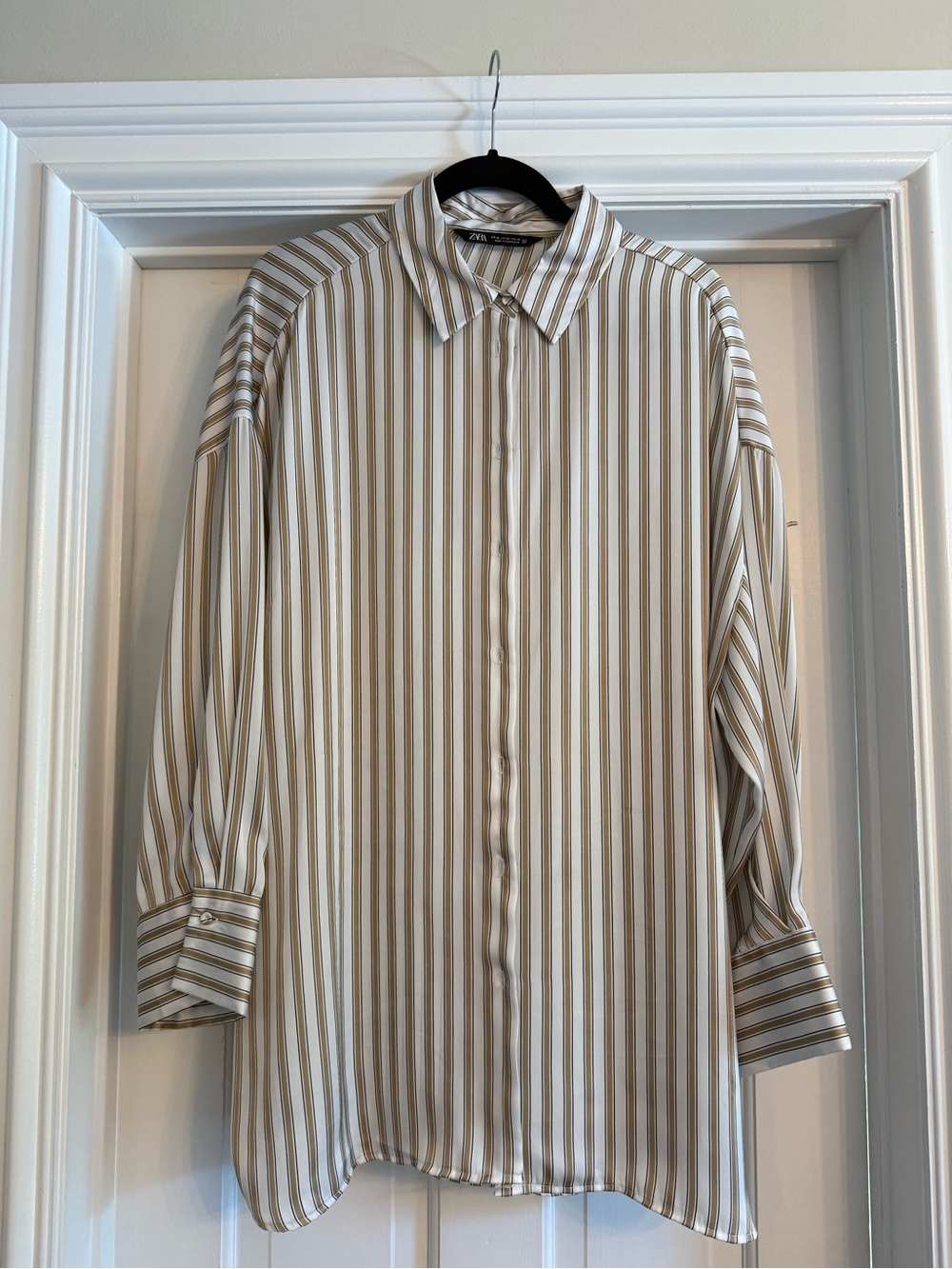 Zara Cream and White Vertical Stripe Button-Down Shirt